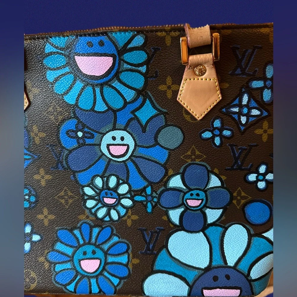 Louis Vuitton Blue Floral Tote Bag  Upcycled and Hand Painted - Picture 6 of 16